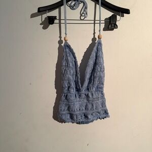 Y2K Blanco Large  Babydoll Halter Style Beaded Crochet Boho Cottagecore Blue